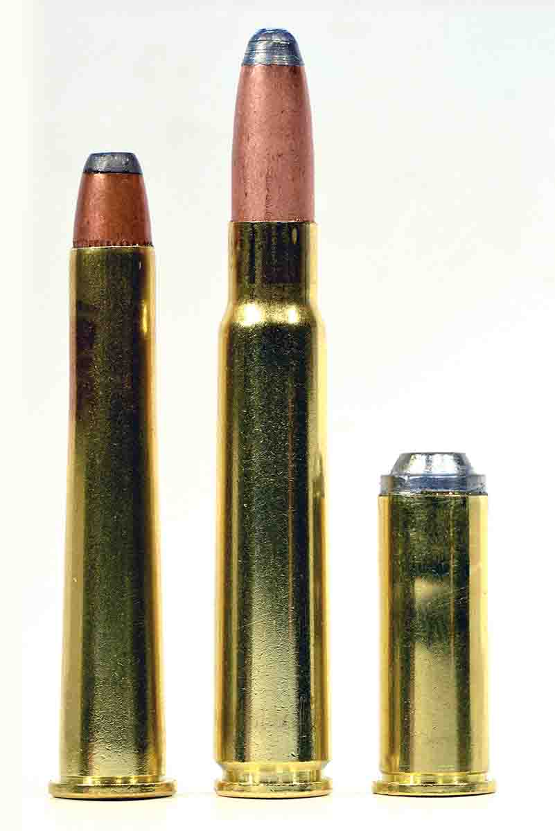Cartridges handloaded using Quality Cartridge brass include (left to right): the .32-40 with a Hawk 170-grain, .321-inch flatnose; the 8x56 Mannlicher-Schönauer with a Hawk 200, .323-inch roundnose; and a .41 Special case with a 175-grain, cast wadcutter.